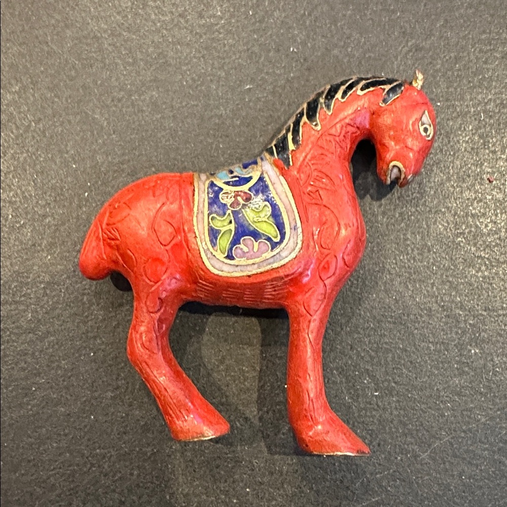 Rare Vintage Cinnabar Horse with Blue Cloisonné